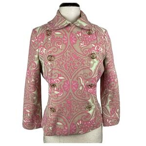 Tracy Reese Jacket Womens S Pink Wool Mod Paisley Double Breasted USA Artsy Coat